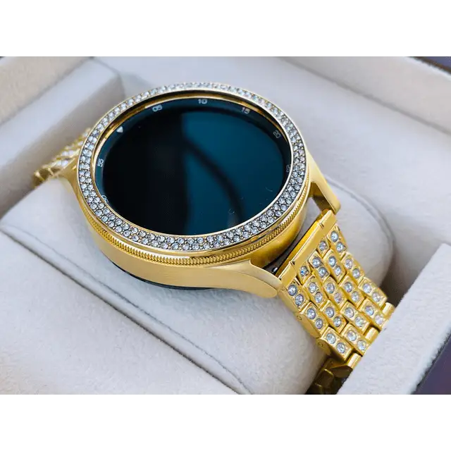 Custom 24k Gold Plated 46mm Samsung Galaxy Watch 4 with Gold Plated Bezel and Band Diamond Rhinestones incrustations