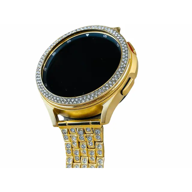 Custom 24k Gold Plated 46mm Samsung Galaxy Watch 4 with Gold Plated Bezel and Band Diamond Rhinestones incrustations