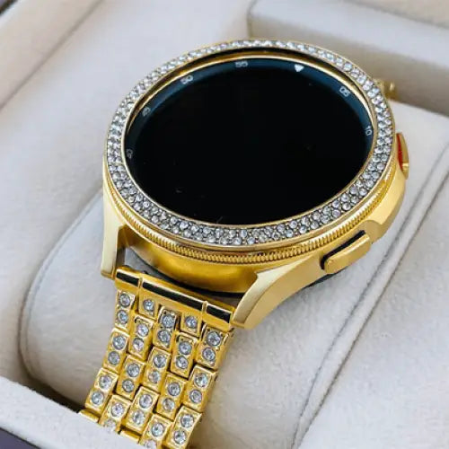 Custom 24k Gold Plated 46mm Samsung Galaxy Watch 4 with Gold Plated Bezel and Band Diamond Rhinestones incrustations