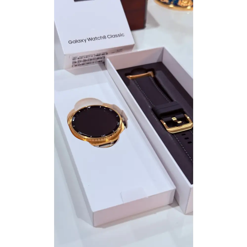 Custom 24k Gold Plated 46mm Samsung Galaxy Watch 8 Classic Black Leather 2 Bands