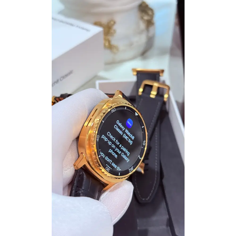 Custom 24k Gold Plated 46mm Samsung Galaxy Watch 8 Classic Black Leather 2 Bands