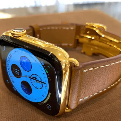 Custom 24k Gold Plated 45mm Apple Watch Series 9 Brown Leather Band Deployment Buckle