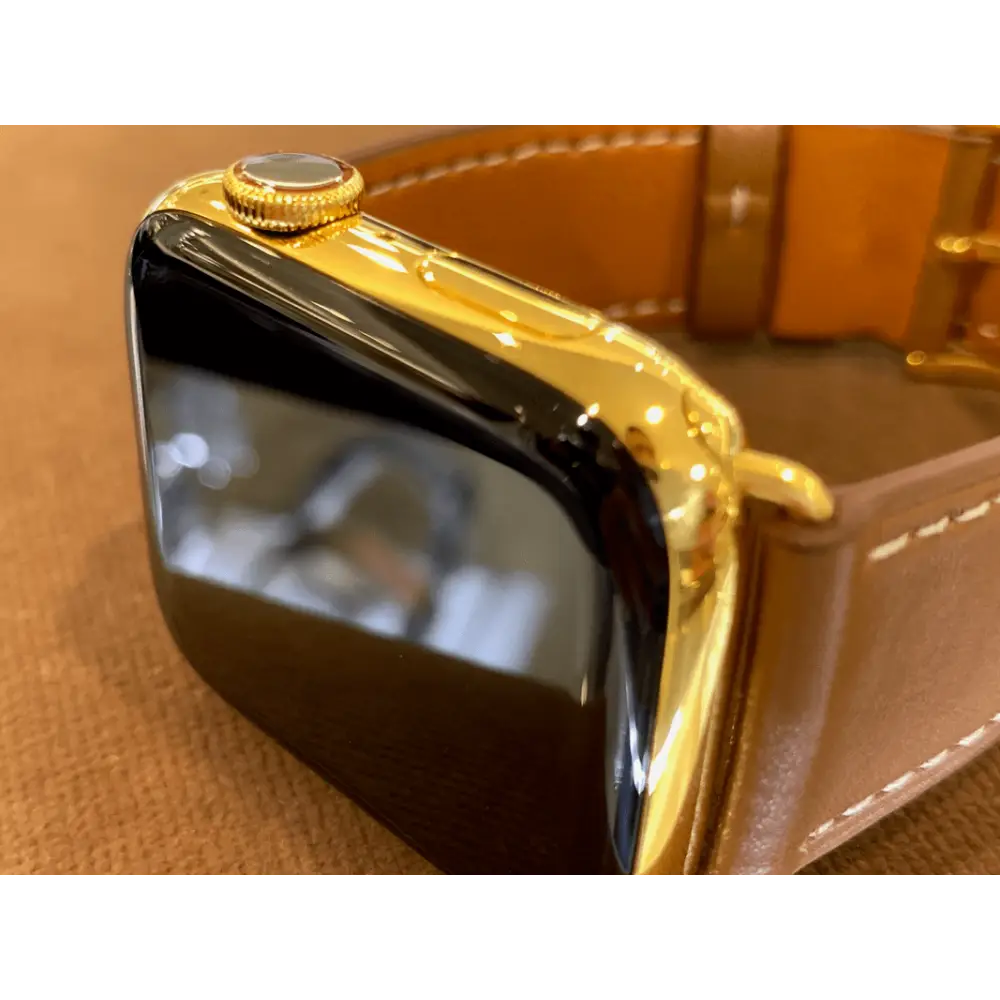 Custom 24k Gold Plated 45mm Apple Watch Series 9 Brown Leather Band Deployment Buckle