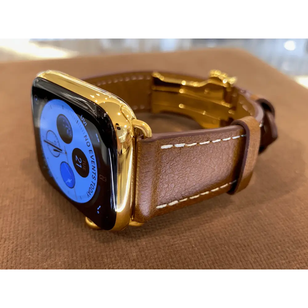 Custom 24k Gold Plated 45mm Apple Watch Series 9 Brown Leather Band Deployment Buckle