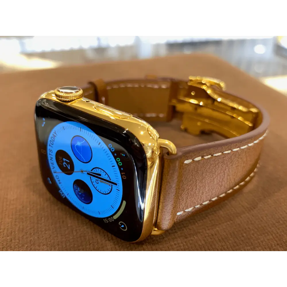 Custom 24k Gold Plated 45mm Apple Watch Series 9 Brown Leather Band Deployment Buckle