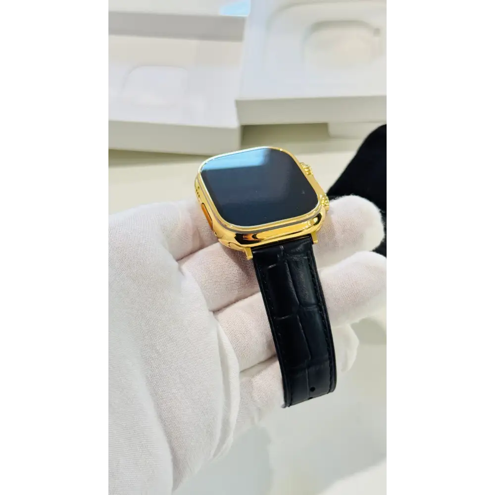 Custom 24k GOLD Plated Apple Watch ULTRA 2 49mm with a Black Leather Band Gold Plated Buckle