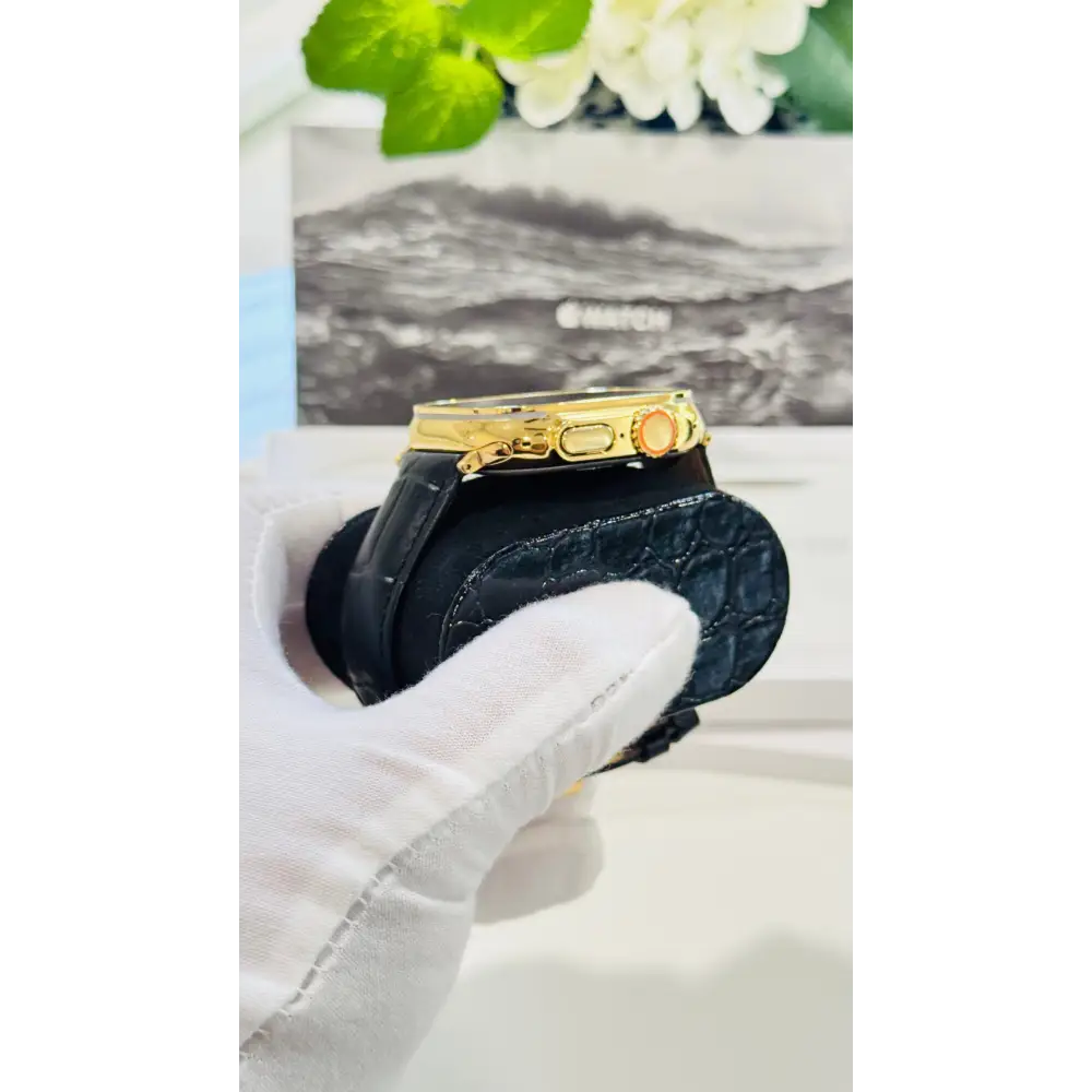 Custom 24k GOLD Plated Apple Watch ULTRA 2 49mm with a Black Leather Band Gold Plated Buckle