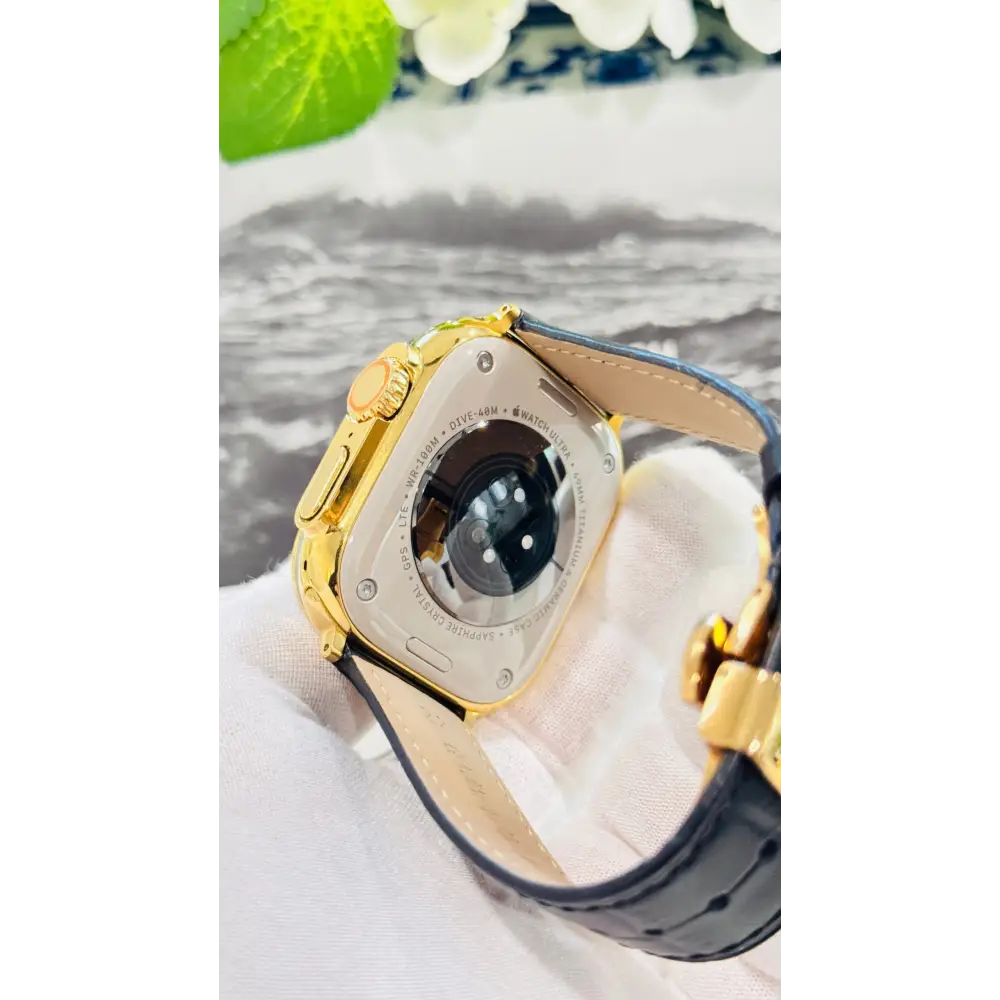 Custom 24k GOLD Plated Apple Watch ULTRA 2 49mm with a Black Leather Band Gold Plated Buckle