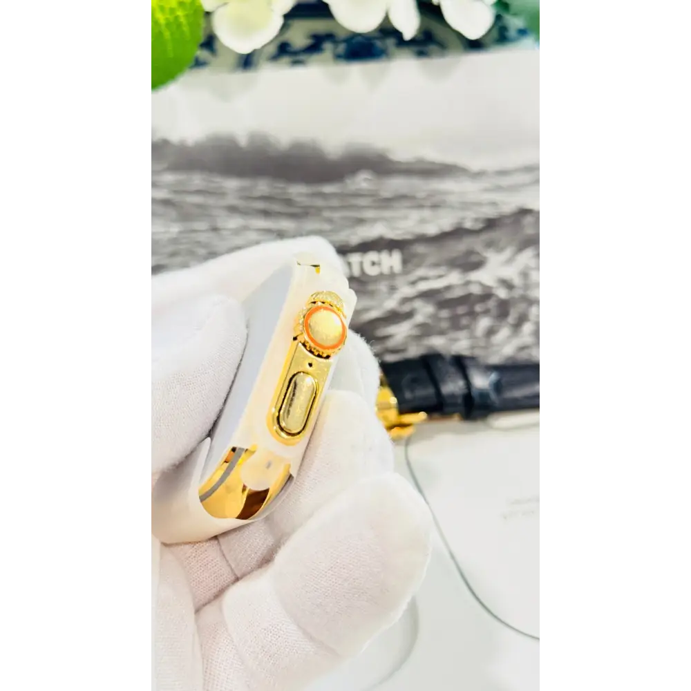 Custom 24k GOLD Plated Apple Watch ULTRA 2 49mm with a Black Leather Band Gold Plated Buckle