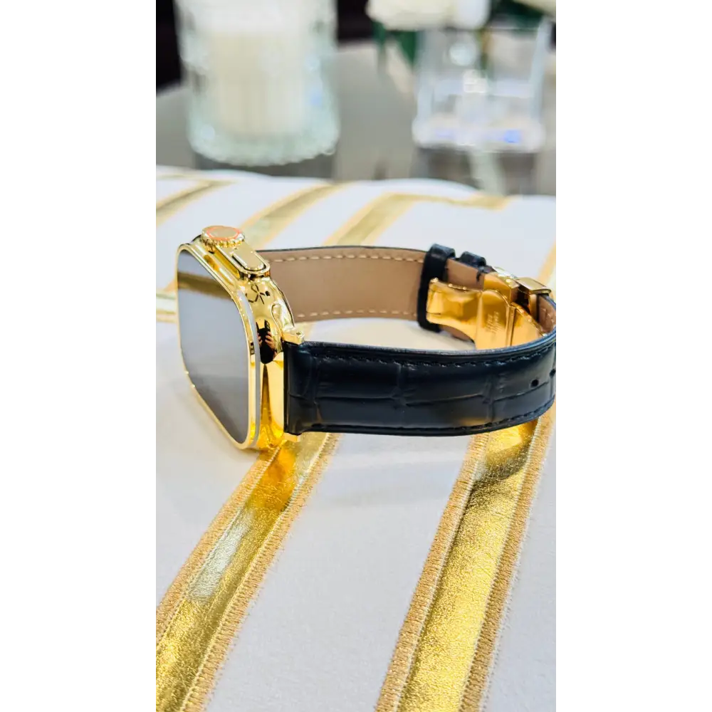 Custom 24k GOLD Plated Apple Watch ULTRA 2 49mm with a Black Leather Band Gold Plated Buckle