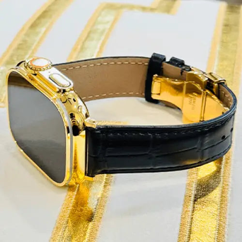 Custom 24k GOLD Plated Apple Watch ULTRA 2 49mm with a Black Leather Band Gold Plated Buckle