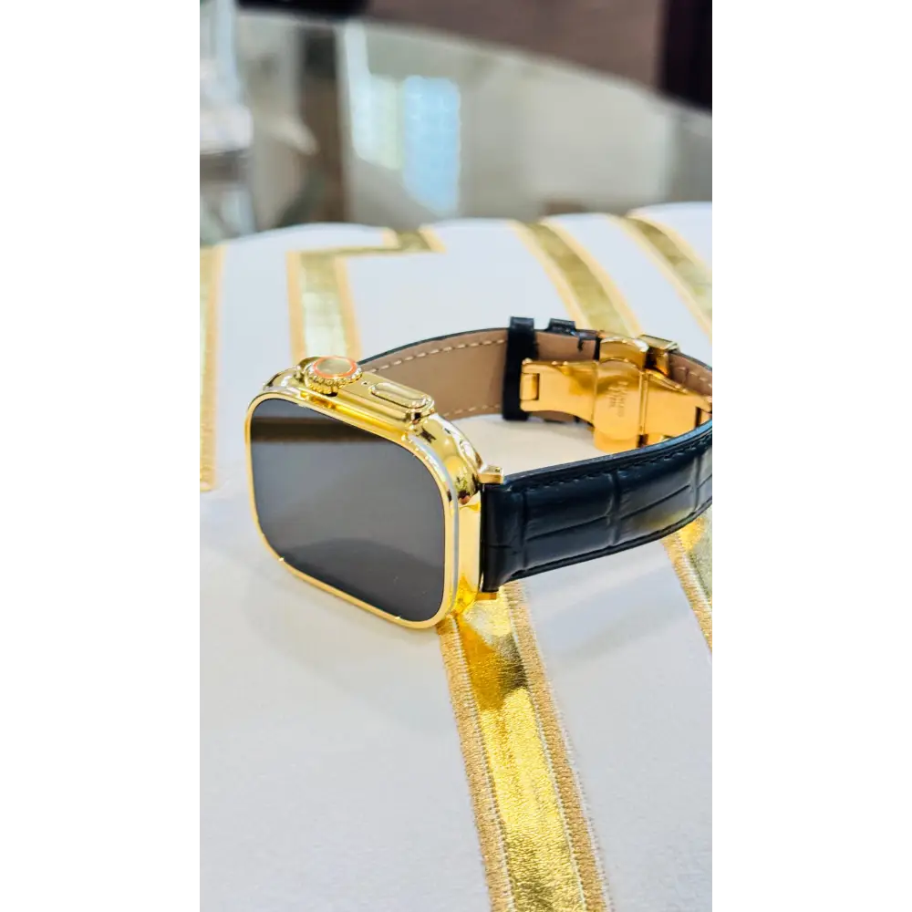 Custom 24k GOLD Plated Apple Watch ULTRA 2 49mm with a Black Leather Band Gold Plated Buckle