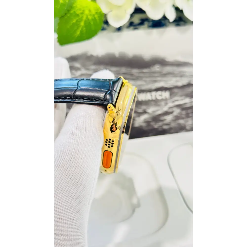 Custom 24k GOLD Plated Apple Watch ULTRA 2 49mm with a Black Leather Band Gold Plated Buckle