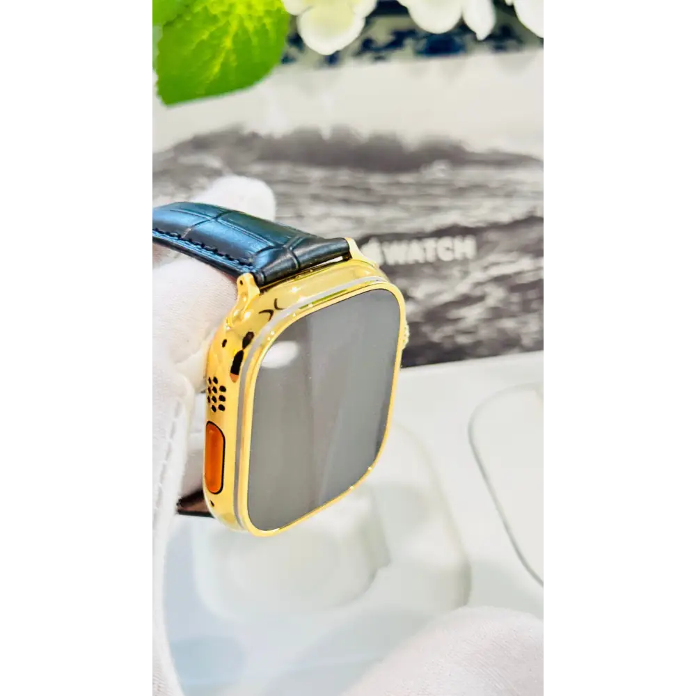 Custom 24k GOLD Plated Apple Watch ULTRA 2 49mm with a Black Leather Band Gold Plated Buckle