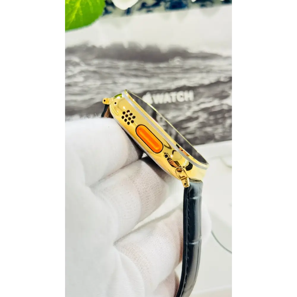 Custom 24k GOLD Plated Apple Watch ULTRA 2 49mm with a Black Leather Band Gold Plated Buckle