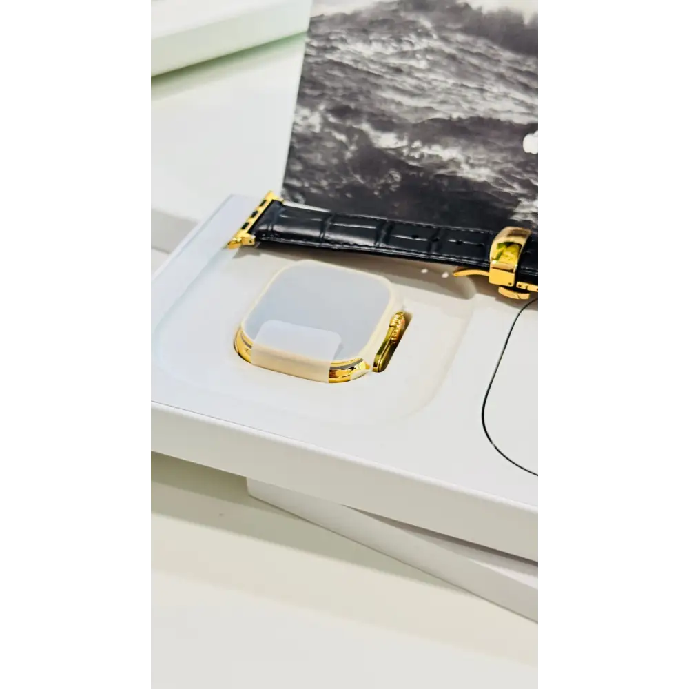 Custom 24k GOLD Plated Apple Watch ULTRA 2 49mm with a Black Leather Band Gold Plated Buckle