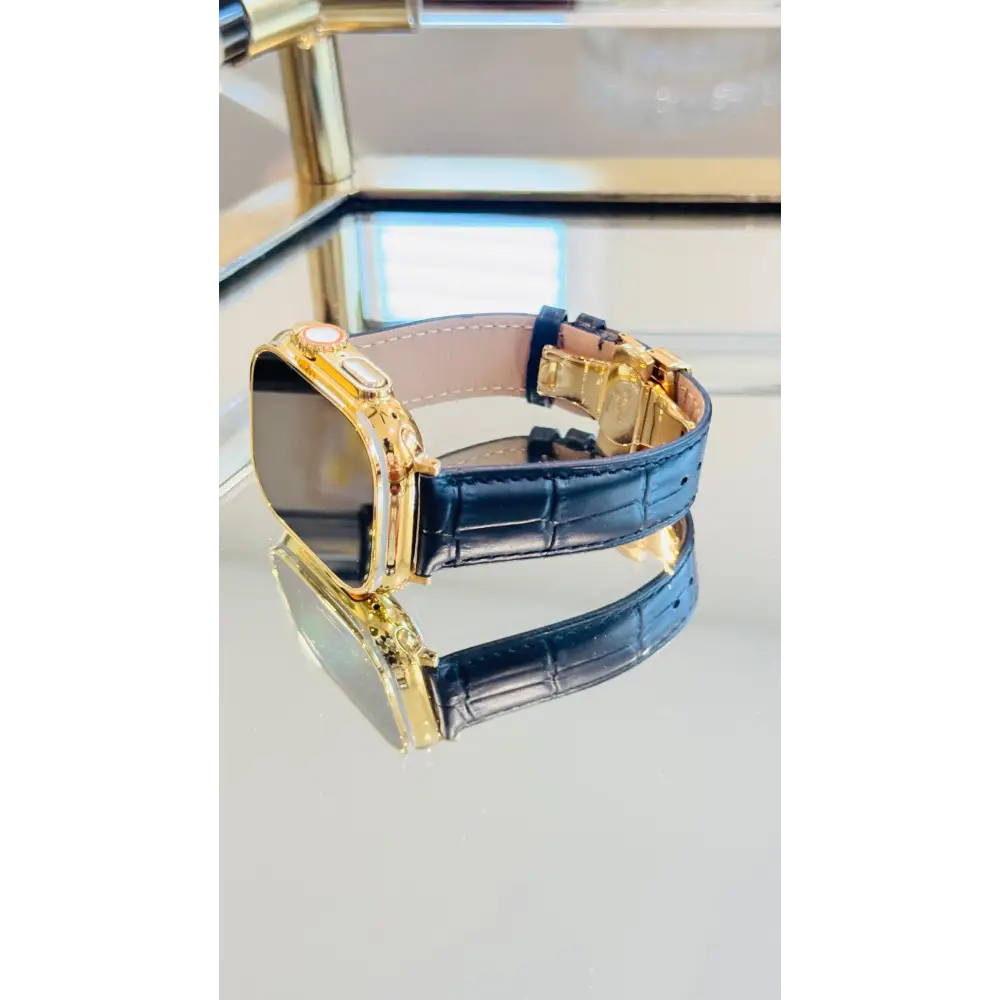 Custom 24k GOLD Plated Apple Watch ULTRA 2 49mm with a Black Leather Band Gold Plated Buckle