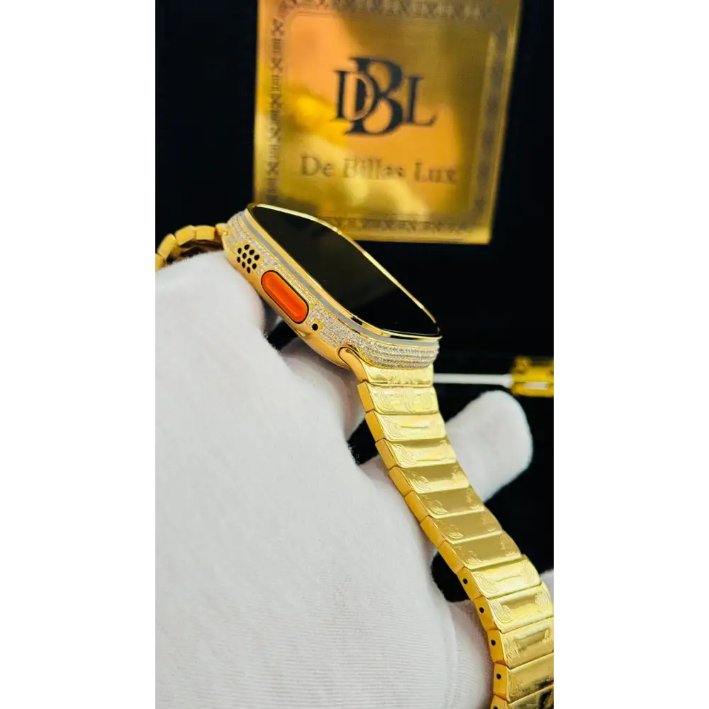 Custom 24k GOLD Plated Apple Watch ULTRA 2 49mm Zircon Diamonds with a 24k Gold Plated Engraved Link Band