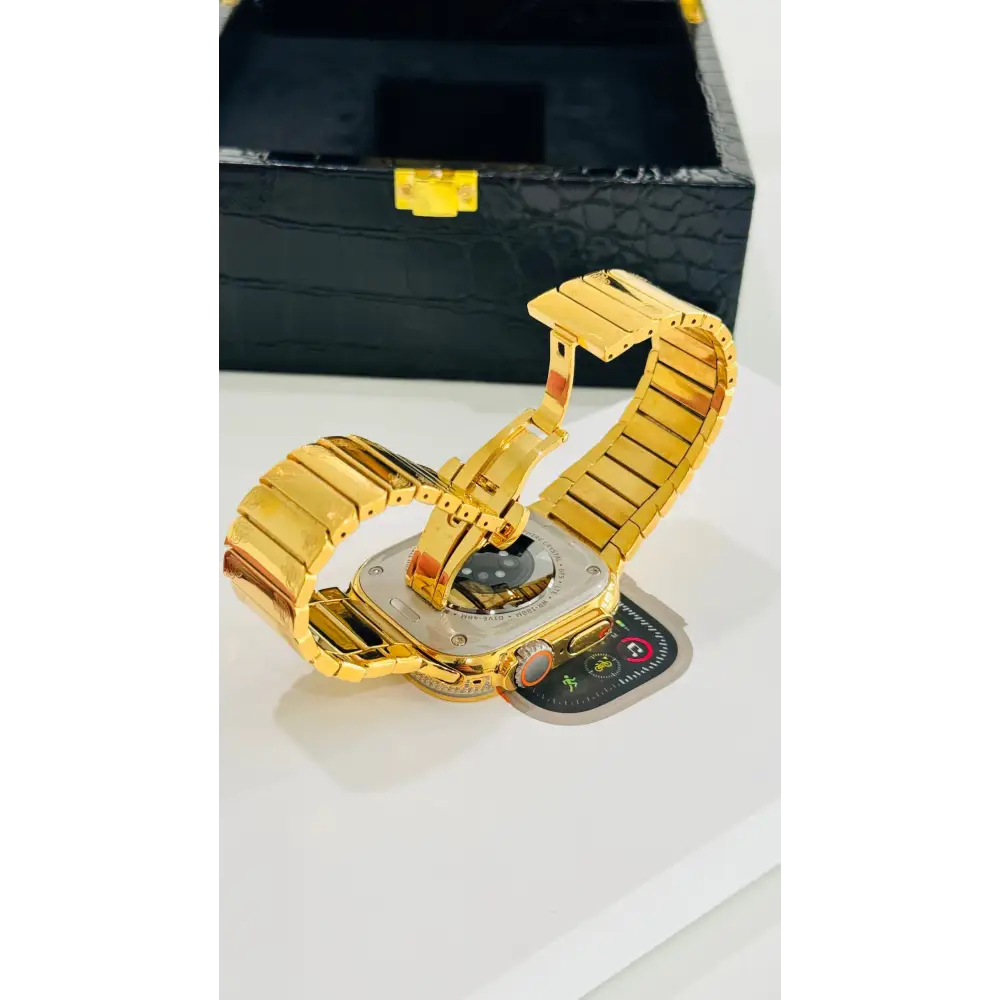 Custom 24k GOLD Plated Apple Watch ULTRA 2 49mm Zircon Diamonds with a 24k Gold Plated Engraved Link Band