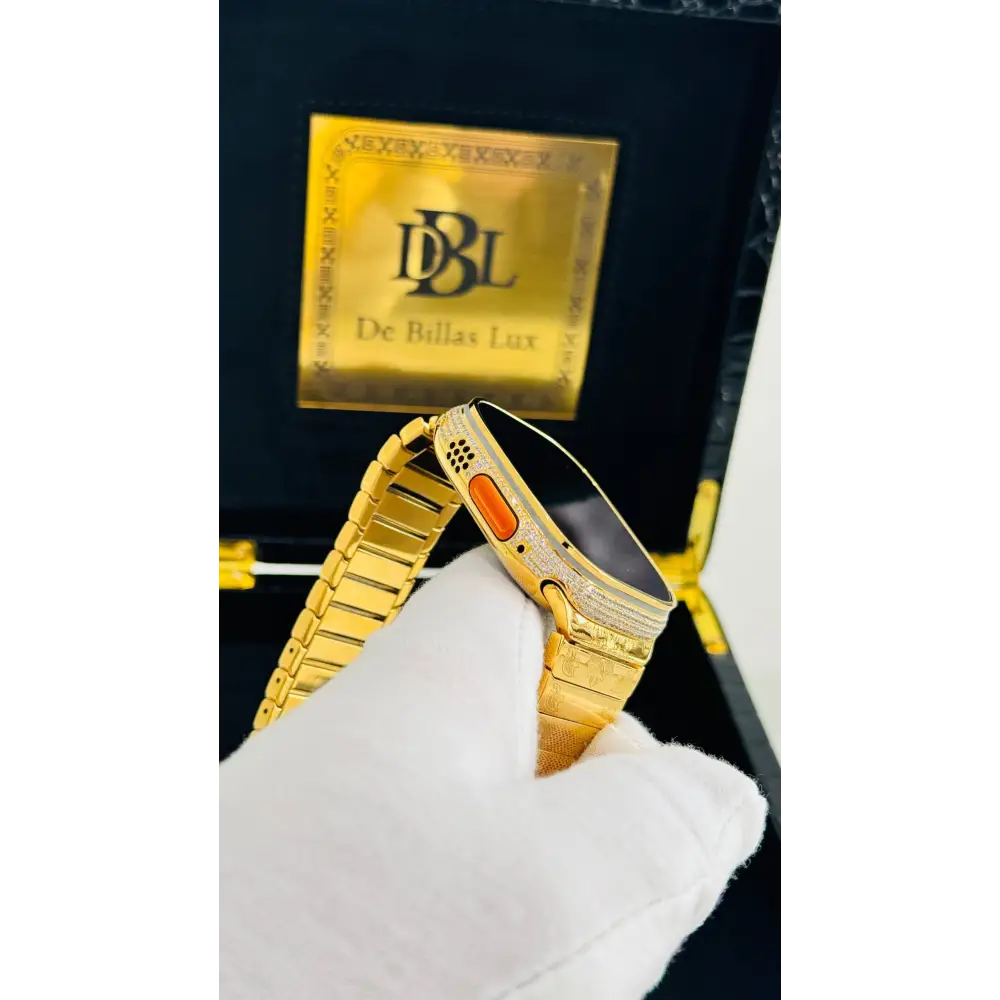 Custom 24k GOLD Plated Apple Watch ULTRA 2 49mm Zircon Diamonds with a 24k Gold Plated Engraved Link Band