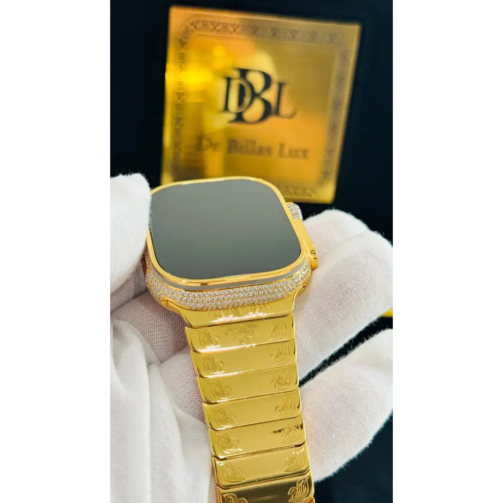 Custom 24k GOLD Plated Apple Watch ULTRA 2 49mm Zircon Diamonds with a 24k Gold Plated Engraved Link Band