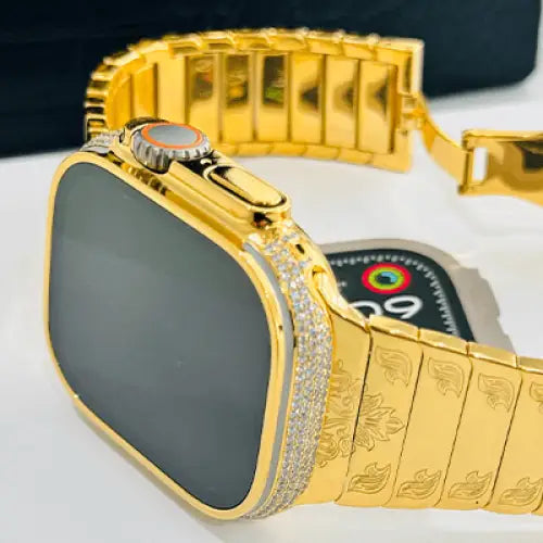 Custom 24k GOLD Plated Apple Watch ULTRA 2 49mm Zircon Diamonds with a 24k Gold Plated Engraved Link Band