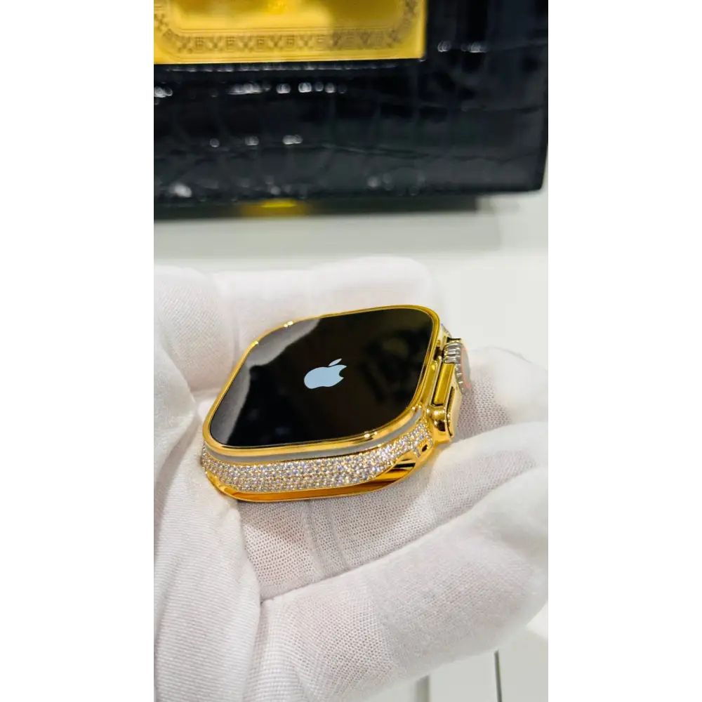 Custom 24k GOLD Plated Apple Watch ULTRA 2 49mm Zircon Diamonds with a 24k Gold Plated Engraved Link Band