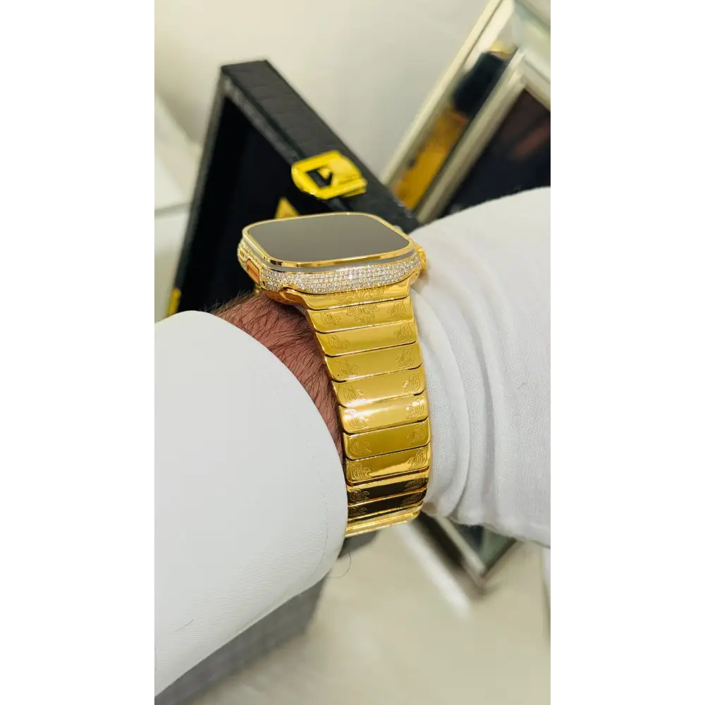 Custom 24k GOLD Plated Apple Watch ULTRA 2 49mm Zircon Diamonds with a 24k Gold Plated Engraved Link Band