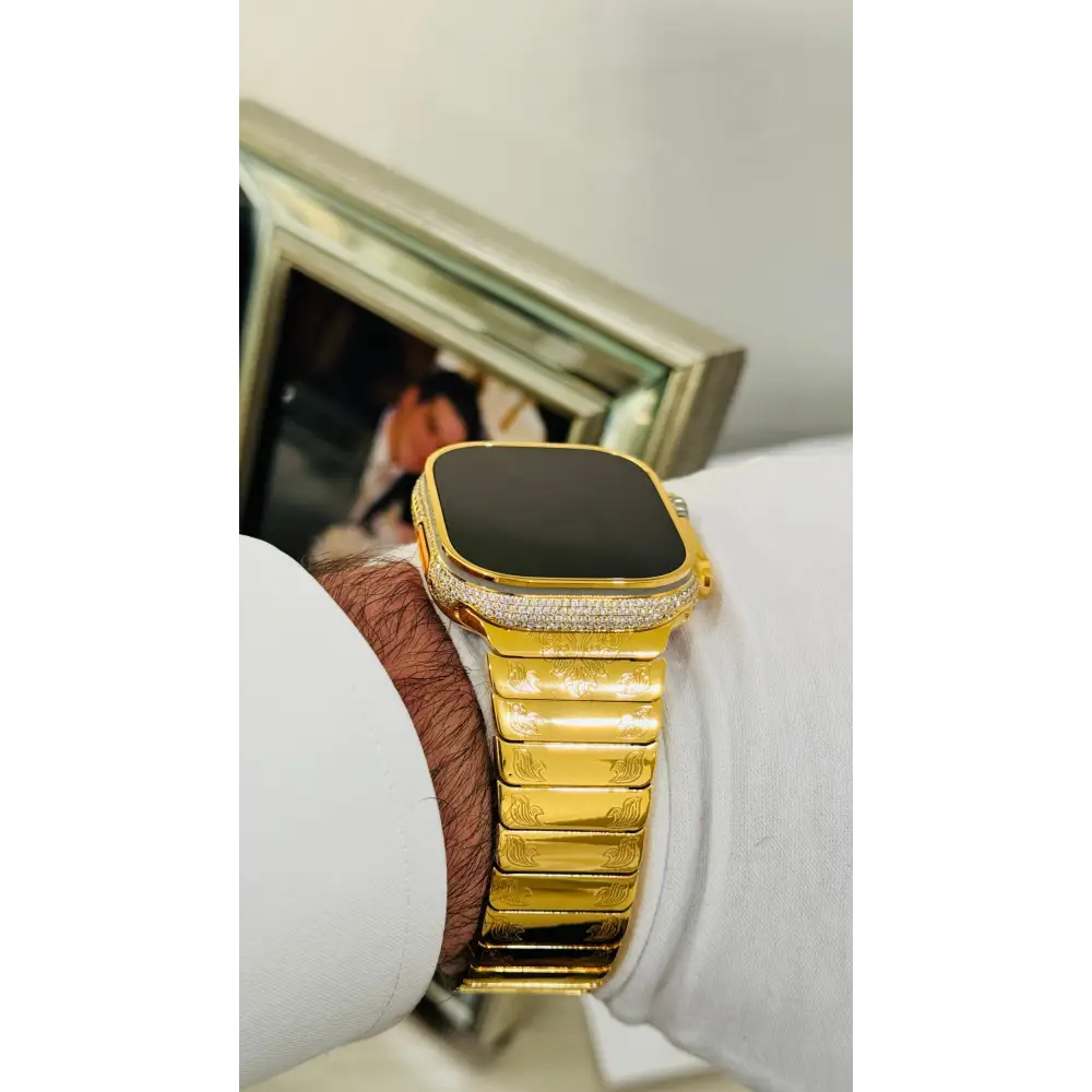 Custom 24k GOLD Plated Apple Watch ULTRA 2 49mm Zircon Diamonds with a 24k Gold Plated Engraved Link Band