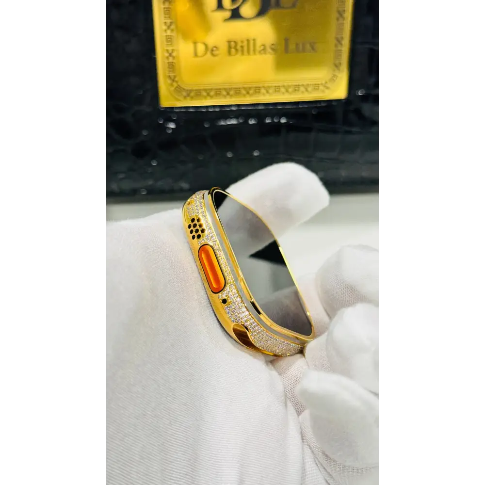 Custom 24k GOLD Plated Apple Watch ULTRA 2 49mm Zircon Diamonds with a 24k Gold Plated Engraved Link Band