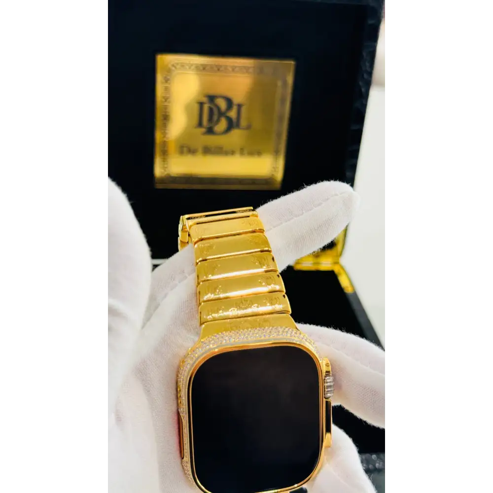 Custom 24k GOLD Plated Apple Watch ULTRA 2 49mm Zircon Diamonds with a 24k Gold Plated Engraved Link Band
