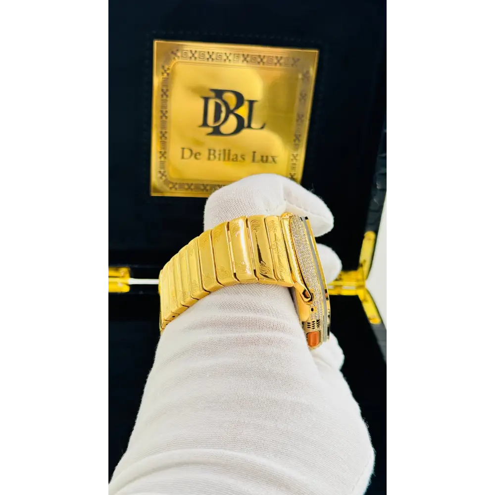 Custom 24k GOLD Plated Apple Watch ULTRA 2 49mm Zircon Diamonds with a 24k Gold Plated Engraved Link Band