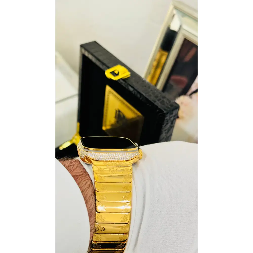 Custom 24k GOLD Plated Apple Watch ULTRA 2 49mm Zircon Diamonds with a 24k Gold Plated Engraved Link Band