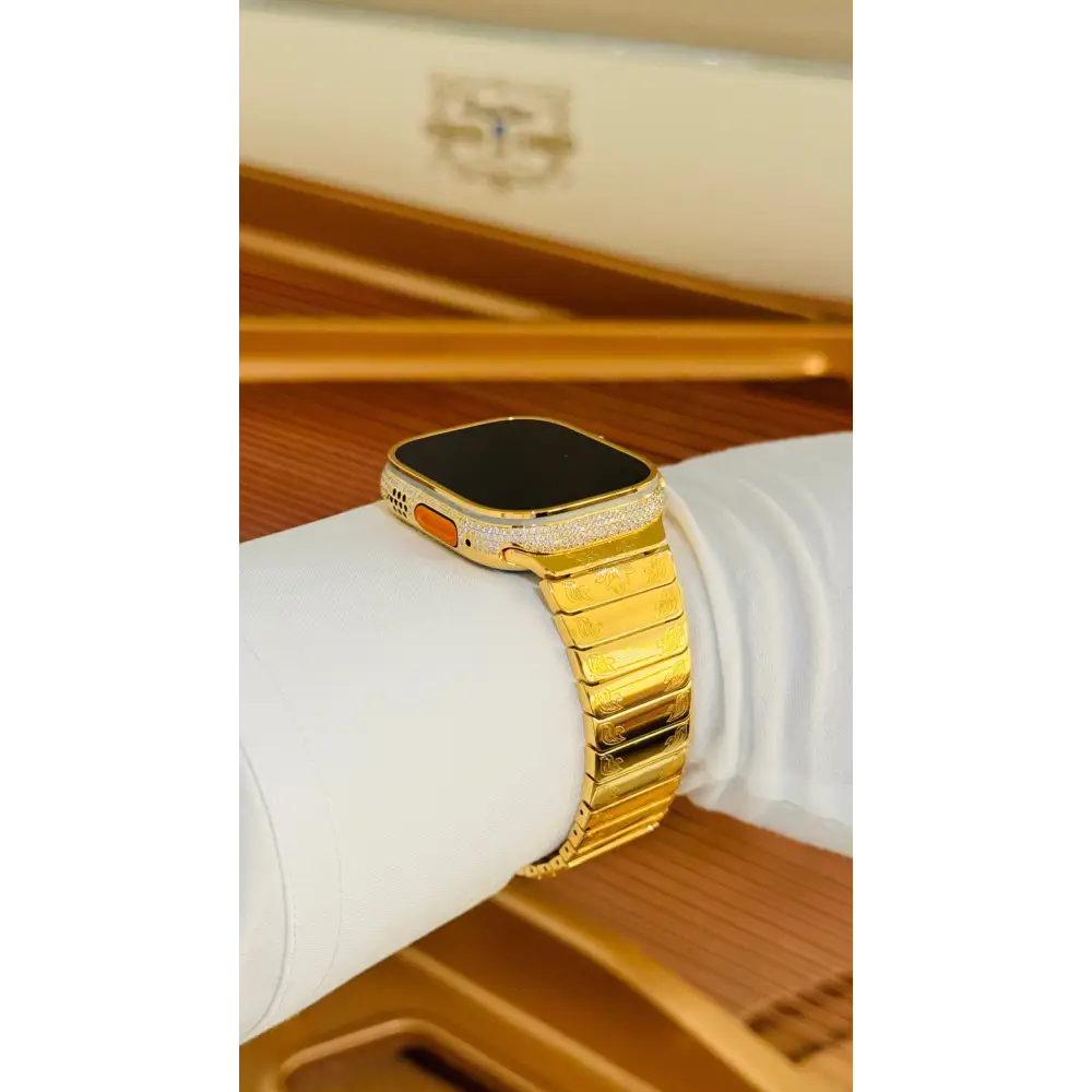 Custom 24k GOLD Plated Apple Watch ULTRA 2 49mm Zircon Diamonds with a 24k Gold Plated Engraved Link Band