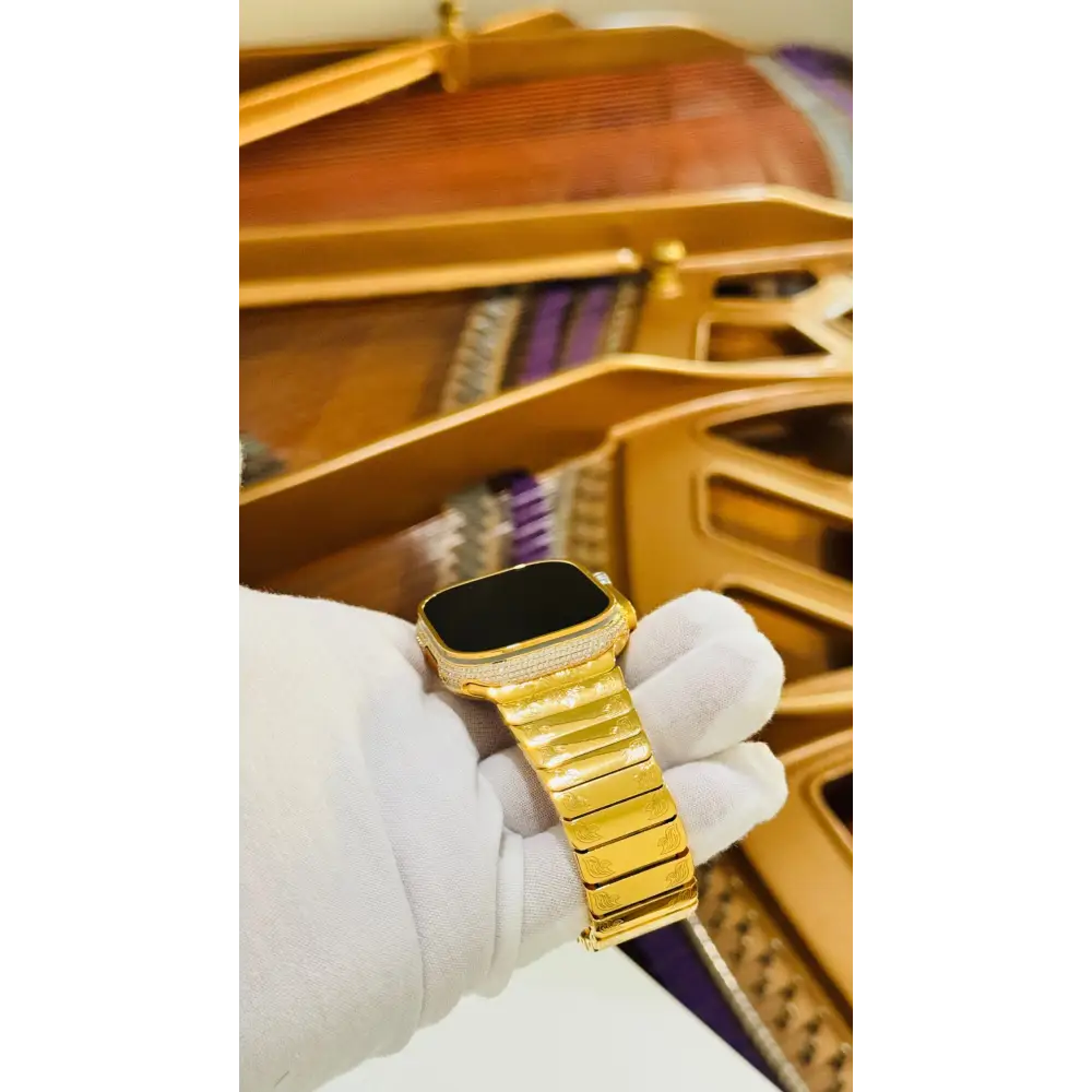 Custom 24k GOLD Plated Apple Watch ULTRA 2 49mm Zircon Diamonds with a 24k Gold Plated Engraved Link Band