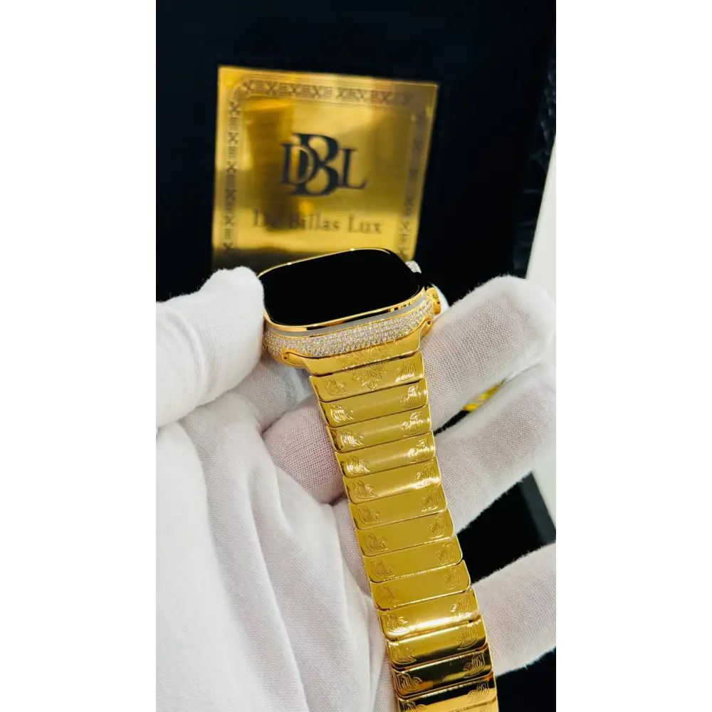 Custom 24k GOLD Plated Apple Watch ULTRA 2 49mm Zircon Diamonds with a 24k Gold Plated Engraved Link Band