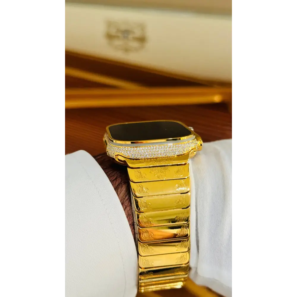 Custom 24k GOLD Plated Apple Watch ULTRA 2 49mm Zircon Diamonds with a 24k Gold Plated Engraved Link Band