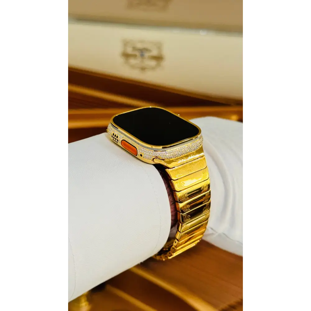 Custom 24k GOLD Plated Apple Watch ULTRA 2 49mm Zircon Diamonds with a 24k Gold Plated Engraved Link Band