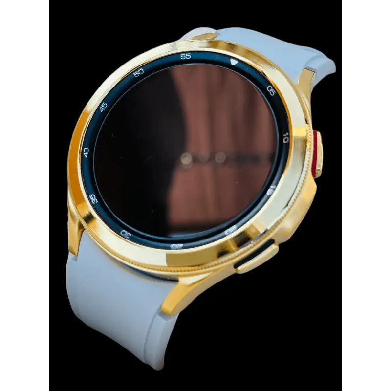 Custom 24k Gold Plated POLISHED 46mm Samsung Galaxy Watch 4 with Gray Rubber Band – 2021 Release by