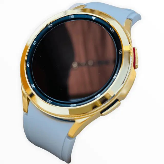 Custom 24k Gold Plated POLISHED 46mm Samsung Galaxy Watch 4 with Gray Rubber Band – 2021 Release by
