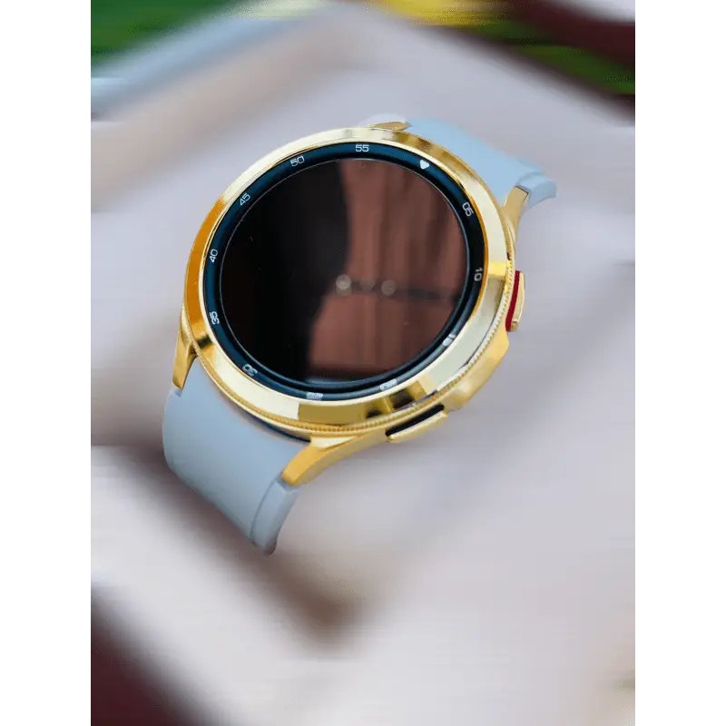 Custom 24k Gold Plated POLISHED 46mm Samsung Galaxy Watch 4 with Gray Rubber Band – 2021 Release by
