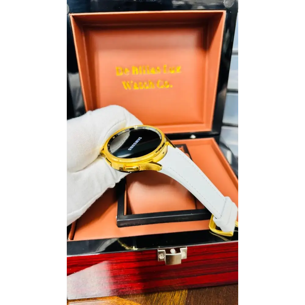 Custom 24k Gold Samsung Galaxy Watch 6 47mm with a Fabric Gray Band Bluetooth Model