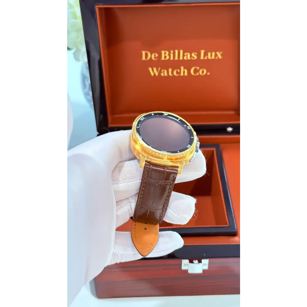 Custom 24k Gold Samsung Galaxy Watch 8 Classic Brown Leather Band