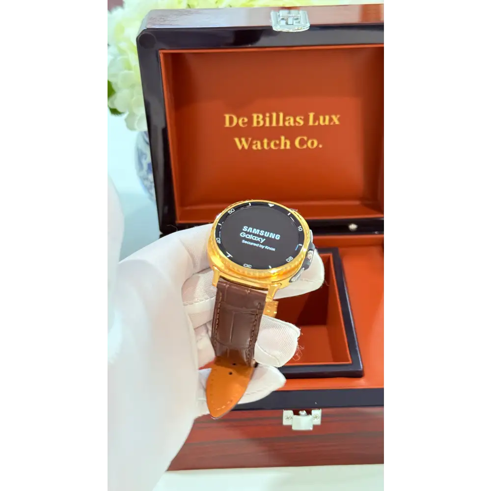 Custom 24k Gold Samsung Galaxy Watch 8 Classic Brown Leather Band