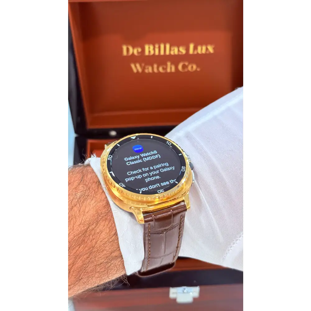 Custom 24k Gold Samsung Galaxy Watch 8 Classic Brown Leather Band