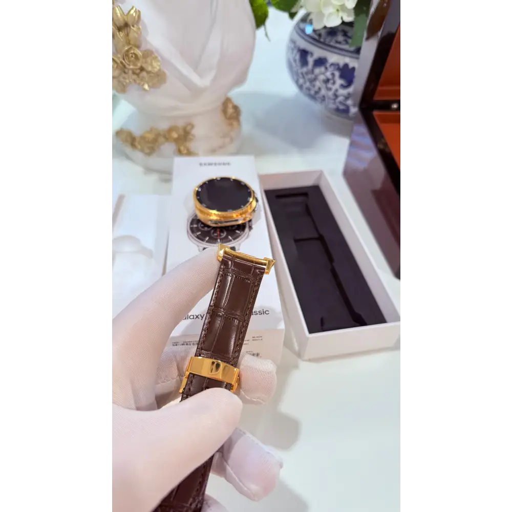 Custom 24k Gold Samsung Galaxy Watch 8 Classic Brown Leather Band
