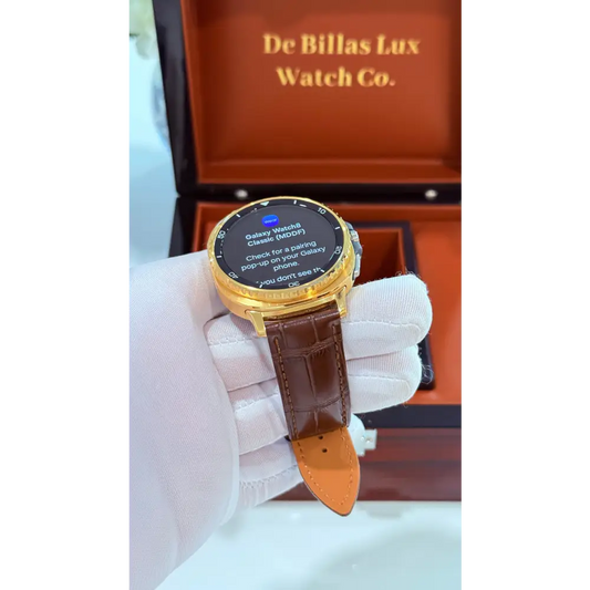 Custom 24k Gold Samsung Galaxy Watch 8 Classic Brown Leather Band
