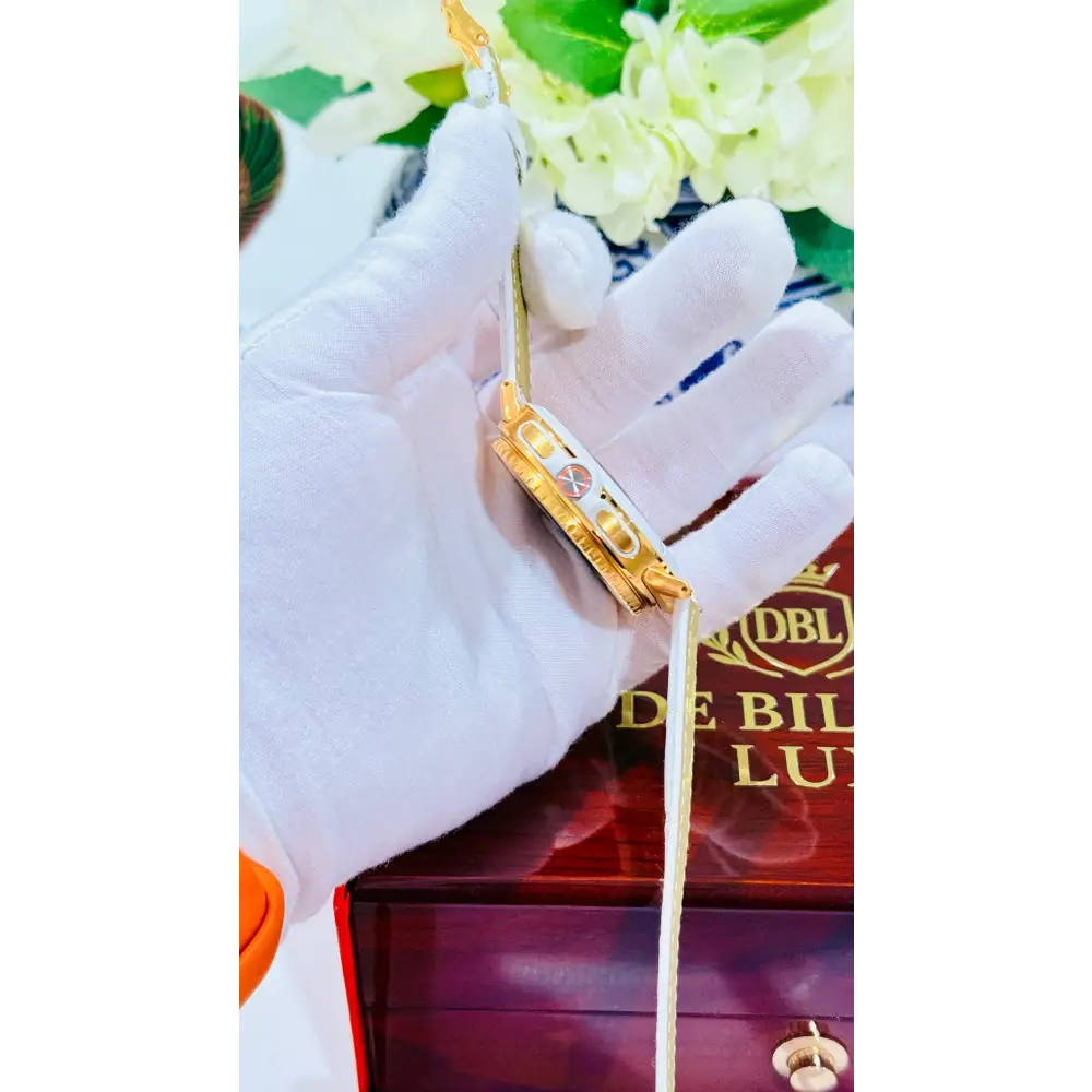 Custom 24K Gold Samsung Galaxy Watch 8 White Classic 46mm LTE (Unlocked) · Dual Gold-Accented Bands