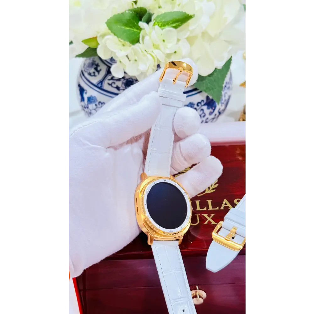 Custom 24K Gold Samsung Galaxy Watch 8 White Classic 46mm LTE (Unlocked) · Dual Gold-Accented Bands