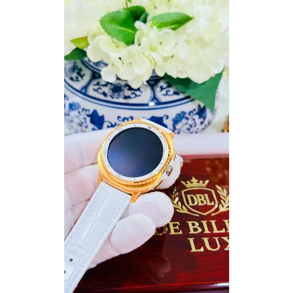 Custom 24K Gold Samsung Galaxy Watch 8 White Classic 46mm LTE (Unlocked) · Dual Gold-Accented Bands